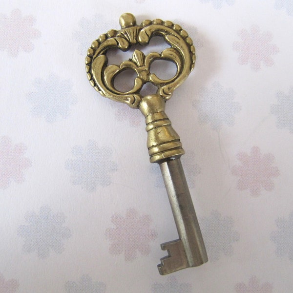 Beautiful Vintage Brass Skeleton key, Ornate French style Fancy Armoire cabinet dresser key, Jewelry Necklace Pendant, Special Birthday gift