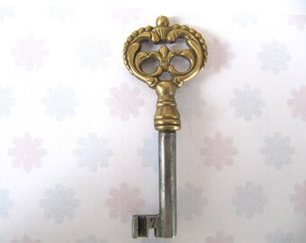 Beautiful Vintage Brass Skeleton key, Ornate French style Fancy Armoire cabinet dresser key, Jewelry Necklace Pendant, Special Birthday gift
