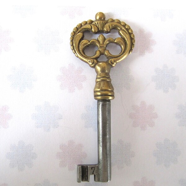 Beautiful Vintage Brass Skeleton key, Ornate French style Fancy Armoire cabinet dresser key, Jewelry Necklace Pendant, Special Birthday gift