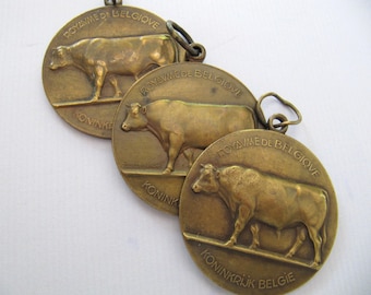 Juego de 3 medallas de arte de bronce "azul belga" de la década de 1950, premios agrícolas de Bélgica, años consecutivos 1957, 1958 y 1959.
