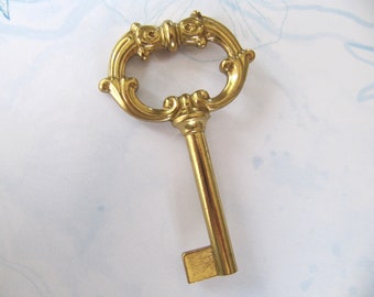 Vintage solid Brass Skeleton key Ornate French style, Authentic Furniture Armoire Drawer Cabinet Dresser key, Housewarming Fun Unique Gift