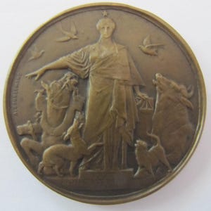 1903 French Bronze Art Medallion from the Animal Protection Society of Paris, Horses Cattle Dogs Cats Birds
