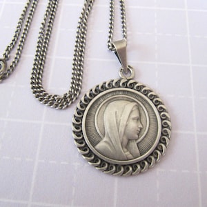 Vintage French Religious Medal Pendant Necklace Solid Silver, France 1930s Medallion on chain, Holy Virgin Mary Saint Bernadette in Grotto
