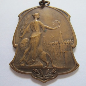 Bronze Medal Liége Belgium 1930 Commemorative Worlds Fair International Exhibition, Belgian Art Medallion Pendant Art Nouveau Woman w/ Lion