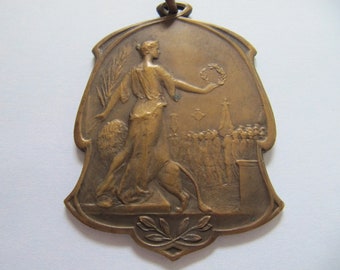 Bronze Medal Liége Belgium 1930 Commemorative Worlds Fair International Exhibition, Belgian Art Medallion Pendant Art Nouveau Woman w/ Lion