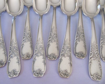 11 Teaspoons Coffee spoons Vintage French, Pretty Floral Flower Blossoms pattern, Matching Set Rococo design 1950's Dessert Flatware