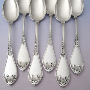 Könnte beinhalten: Ein Set aus sieben silbernen Löffeln. Jeder Löffel hat eine tropfenförmige Schale und einen langen Stiel. Die Stiele und die Basis der Schalen sind mit einem verzierten floralen Design verziert. Die Löffel sind auf einem hellvioletten Hintergrund angeordnet.