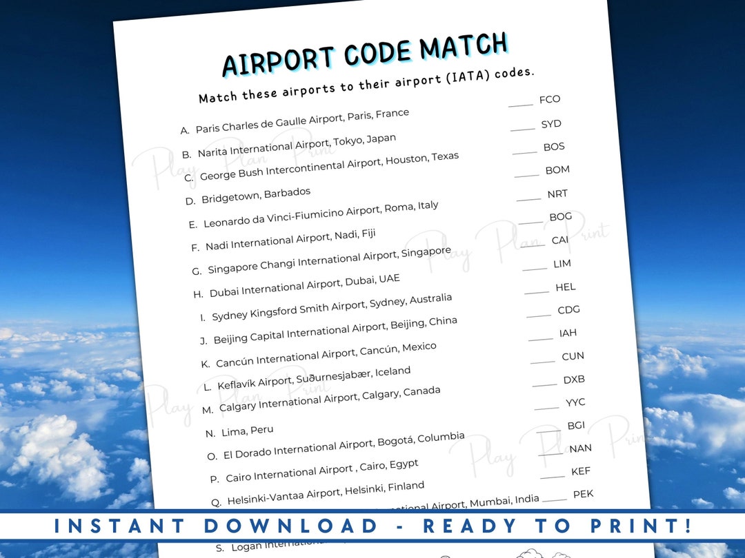 Printable Airplane Activity for Kids. Airport Code Match. Etsy