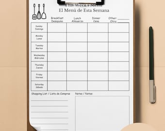 English & Spanish Version - Weekly Menu Planner Template Printable, Weekly Menu, Printable Productivity Template, PDF, Digital Download