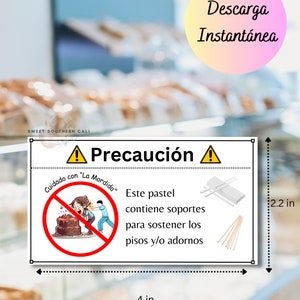 Etiqueta de advertencia para pasteles, tortas, Contiene Sostenes, Dowels in Cake Precaución Etiqueta, Descarga Digital Imprimible, Panadería, Español