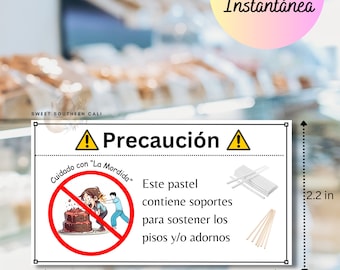 Etiqueta de advertencia para pasteles, tortas, Contiene Sostenes, Dowels in Cake Caution Label, Digital Download Printable, Bakery, Spanish