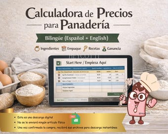 Calculadora en excel, Costos de Recetas, Excel Panaderia, Micro panaderia, Reporte de recetas, bilingual recipe calculator, digital download