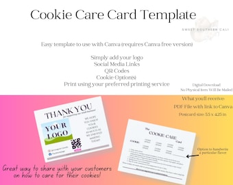 Cookie Care Card, Cookie Details, Care Instructions, Customize in Canva, About your Cookies, Bakery Template, Digital Downloads, Template