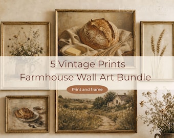 Vintage Bakery Wall Art Bundle, Printable Gallery Wall Set, Farmhouse Kitchen Prints, Sourdough Bread, Wheat, Floral, Pastry Art, Bakery Art