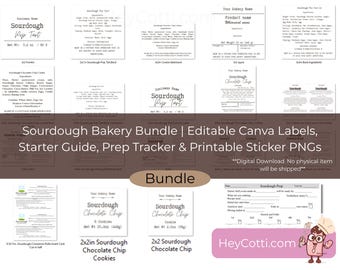 Sourdough Bakery Starter Bundle, Canva Label Templates, Sourdough Starter Guide, Prep Tracker, Cottage Bakery Labels, Digital Download