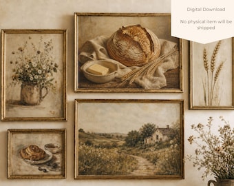 Vintage Bakery Wall Art Bundle, Printable Coffee Shop Gallery Wall Set, Farmhouse Kitchen Prints, Sourdough Bread, Wheat, Floral, Pastry Art