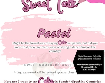 5 ways to say Cake in Spanish, Animated Version, Instagram Ready Posting, Digital Download, Language Guide, 5 Maneras de Como Decir Pastel