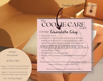 Cookie Care Cards, Digital Download, Bakery Forms, Bakery Templates, Print and Cut, A4 (8.27 x 11.69in), PNG Files