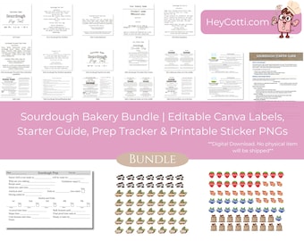 Sourdough Bakery Starter Bundle, Canva Label Templates, Sourdough Starter Guide, Prep Tracker, Cottage Bakery Labels, Digital Download, Bake