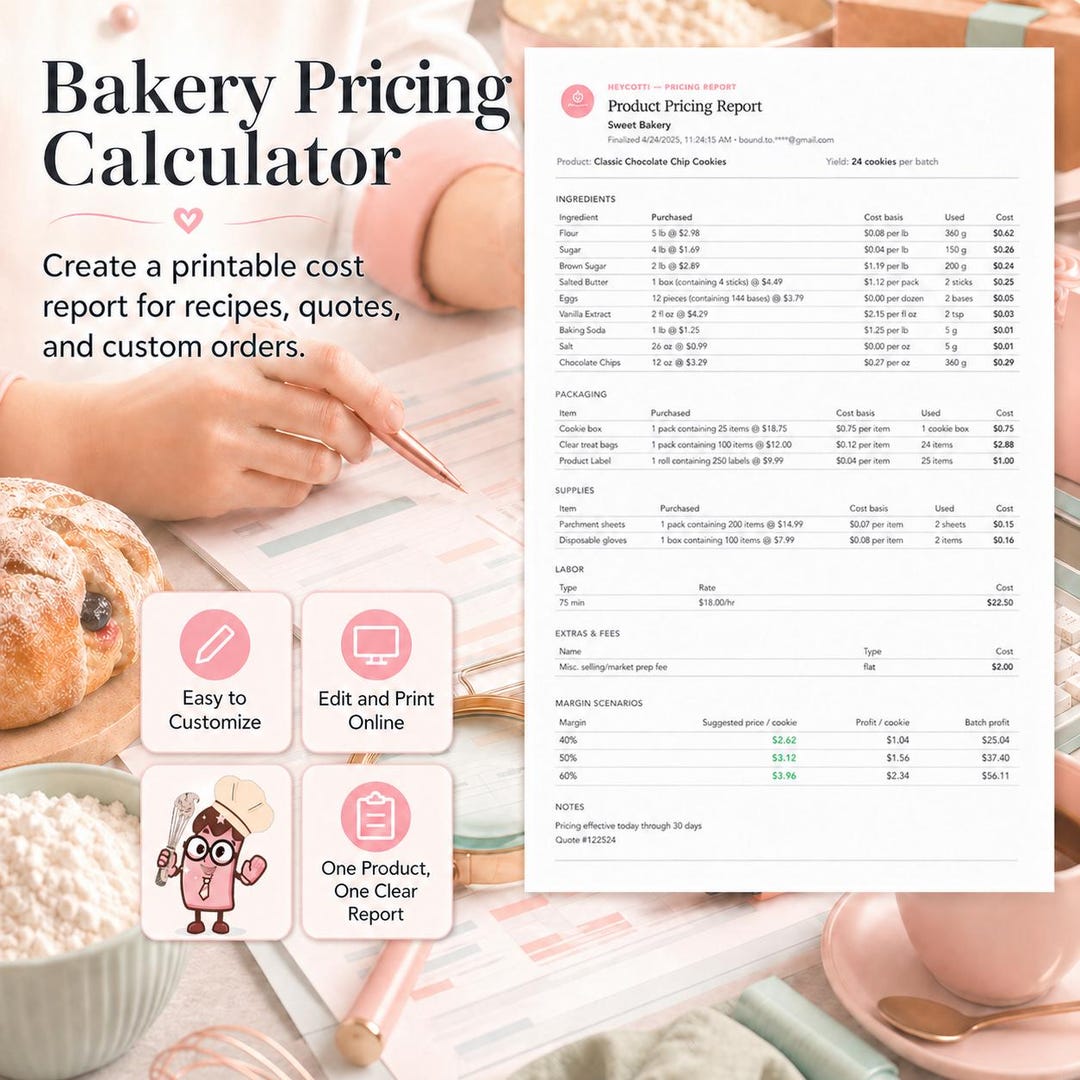 Bakery Pricing Calculator + Printable Report, Online Recipe Cost ...