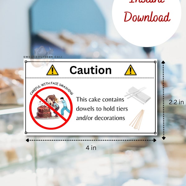 Careful with face smashing sticker, Caution Label, Sticker, Digital Download,Instant  Printable,Bakery, English Version, 8 labels, Tier Cake