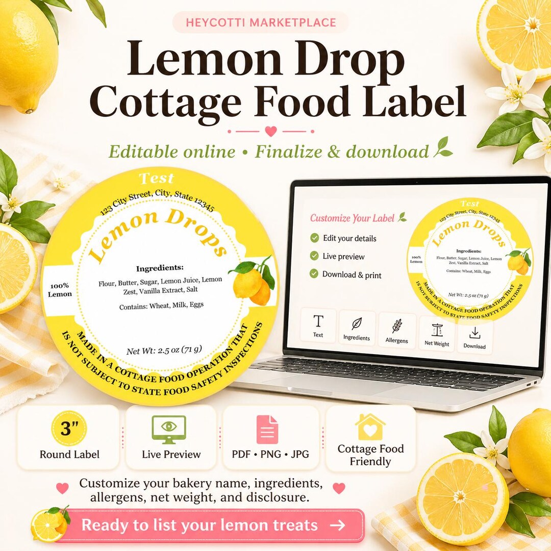Lemon Themed Cottage Food Label Template, Bakery Labels, Home Bakers ...
