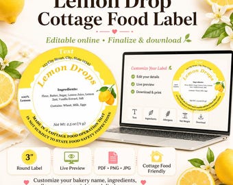Lemon Themed Cottage Food Label Template, bakery labels, home bakers, cookie labels, lemons