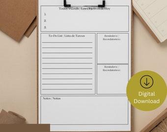 Daily Planner Printable - Bilingual (English/Spanish), To Do List, Printable Productivity Day Planner Template, PDF, Digital Download