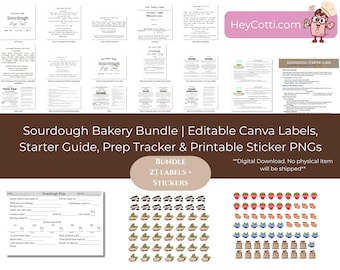 Sourdough Bakery Starter Bundle, Canva Label Templates, Sourdough Starter Guide, Prep Tracker, Cottage Bakery Labels, Digital Download