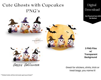 Cute Ghosts with Cupcakes, PNGs, Digital download, Halloween PNG, Instant Use, School Teachers, Gift Labels, Party Favors, Halloween Sticker