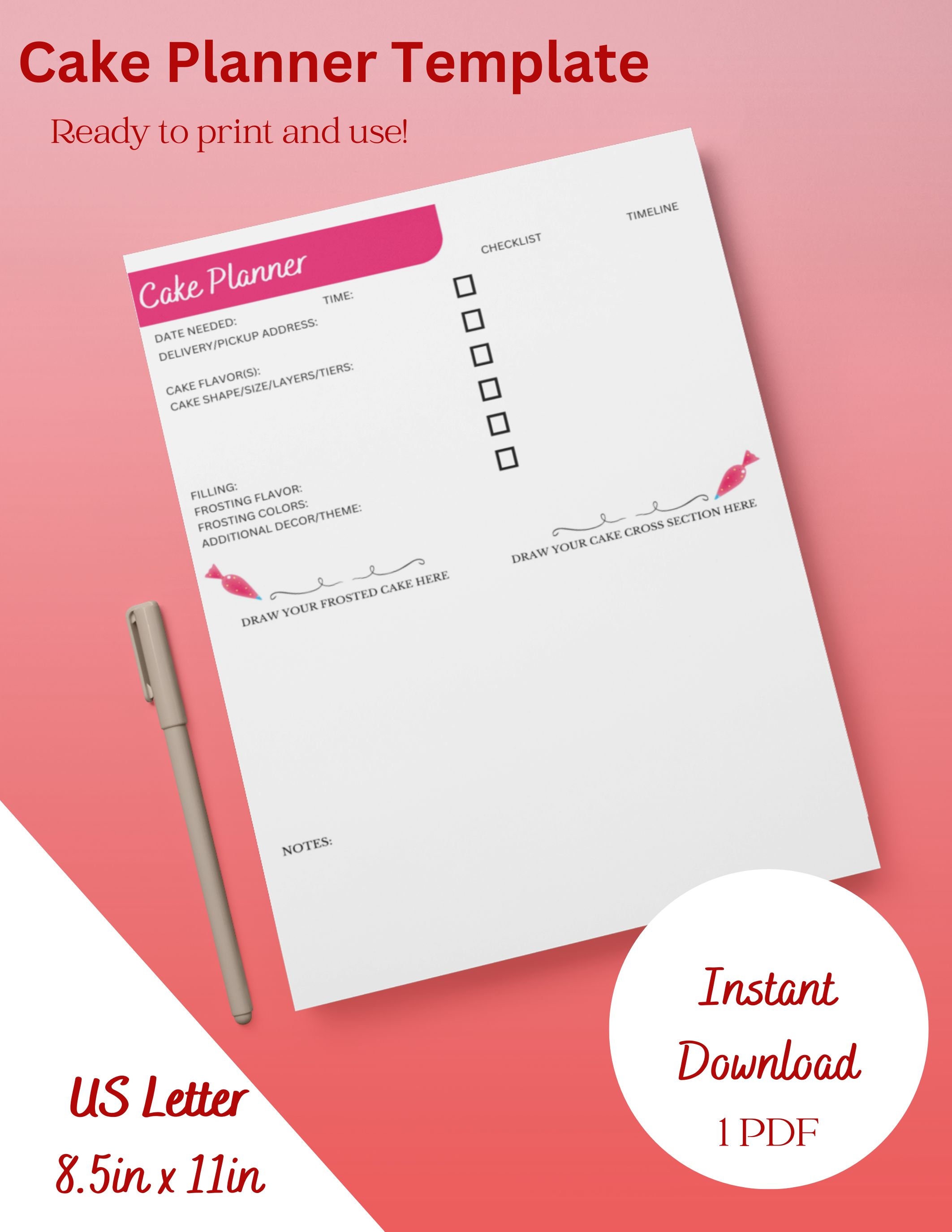 Cake Planner Template Printable, Cake Form Organizer, Bakery, Home ...