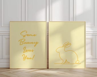 Some Bunny Loves You Gul Väggkonst – Kanintryckset, Kanindekor, Söt Påsktryck, Minimalistisk Poster, Neutral Estetisk Digital Nedladdning