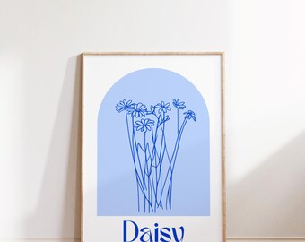 Daisy Wall Art – Minimalist Floral Print, Blue Botanical Poster, Spring Aesthetic Decor, Flower Illustration, Digital Download Poster