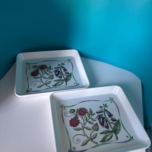 May include: Two square, white ceramic trays with floral designs. Each tray features a central illustration of red and purple flowers with green stems and leaves, framed by a colorful border. The trays are set against a white and blue background.