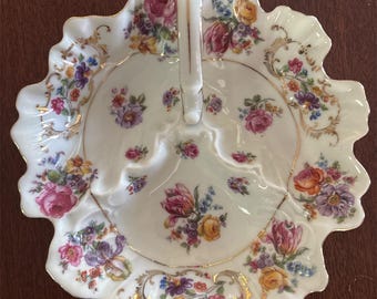 Victorian Czechoslovakian Floral 3 Section Relish Tray /Serving/Candy Dish RARE