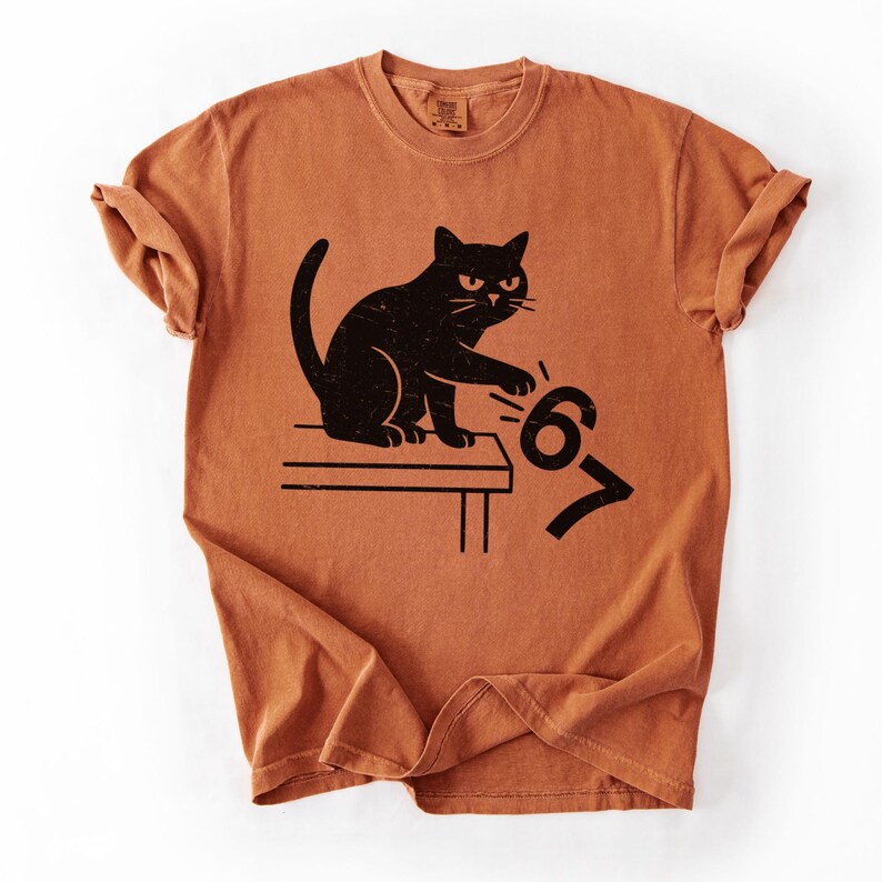 May include: A rust-colored t-shirt featuring a black cat illustration. The cat is sitting on a table and appears to be pushing the numbers "67" off the table. The shirt has a crew neck and short sleeves.