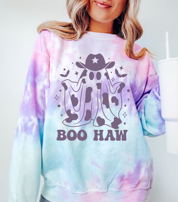 Boo Haw Tie-Dye Sweatshirt: Western Ghost, Pastel Halloween Pullover