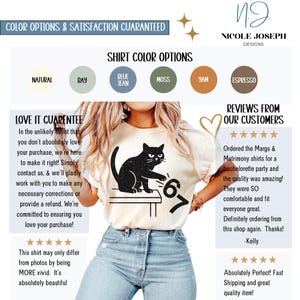 May include: A cream-colored t-shirt featuring a black cat illustration sitting on a table with the number 67. The image also displays color options and customer reviews. The shirt is part of a clothing line.