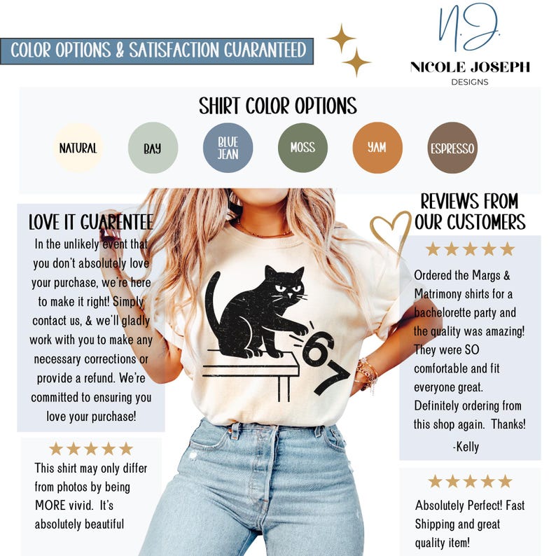 May include: A cream-colored t-shirt featuring a black cat illustration sitting on a table with the number 67. The image also displays color options and customer reviews. The shirt is part of a clothing line.