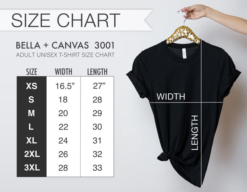 May include: Black t-shirt hanging on a gold hanger, with a size chart to the left. The size chart shows measurements for XS to 3XL, with widths from 16.5 inches to 28 inches and lengths from 27 inches to 33 inches. The text "SIZE CHART" is at the top.