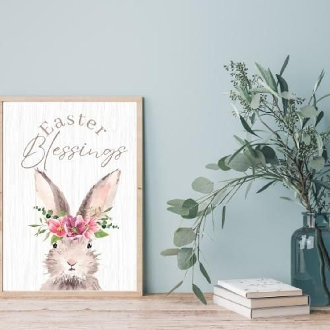 Easter Printable Wall Art Happy Easter Watercolor Bunny, Easter Wall