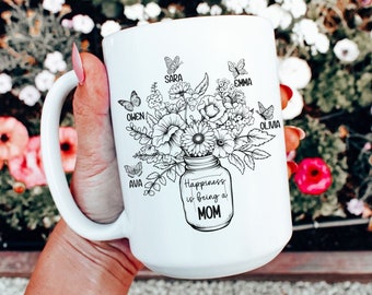 Custom Mom Floral Mug With Kids Names, Gift for Mom From Kids, Mother's Day Gift, Gift For Mom,  Personalized Mom Mug With Kids Names,