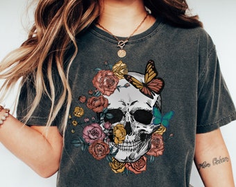 Halloween Skull Shirt, Floral Skull Shirt, Skull Shirt, Skeleton Shirt, Halloween Shirt Women, Flower Skull T-Shirt, Bloom Skull Shirt