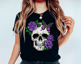 Bloom Skull Shirt, Halloween Shirt Gift, Floral Skull Boho Graphic Tee, Women's Fall Shirt, Flower Skull Skeleton TShirt, Skeleton Blooms