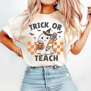 Comfort Colors® Teacher Halloween Shirt, Halloween Teacher Shirt, Trick or Teach Shirt, Spooky Teacher T-shirt, Retro Ghost Teacher Shirt