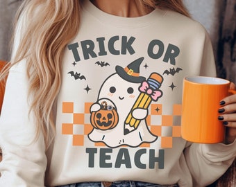 Teacher Halloween Sweatshirt, Trick or Teach Shirt, Halloween Teacher Sweatshirt, Spooky Teacher Shirt, Retro Ghost Teacher Sweatshirt