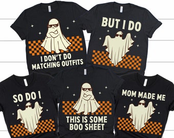 May include: Four black t-shirts with a ghost wearing sunglasses and a checkered background. The shirts have the text "I don't do matching outfits", "But I do", "So do I", and "Mom made me".