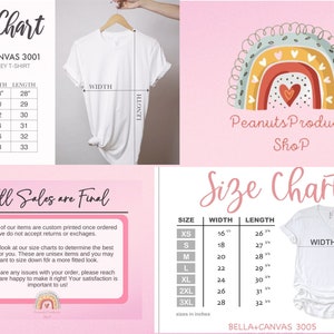 Pu&ograve; includere: Tabella delle taglie per t-shirt unisex di Bella + Canvas 3001. La tabella mostra la larghezza e la lunghezza in pollici per le taglie XS a 3XL. Il testo "All Sales are Final" &egrave; incluso in un riquadro rosa.