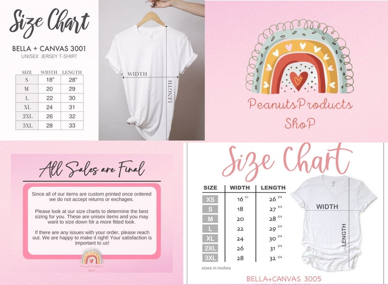 Pu&ograve; includere: Tabella delle taglie per t-shirt unisex di Bella + Canvas 3001. La tabella mostra la larghezza e la lunghezza in pollici per le taglie XS a 3XL. Il testo "All Sales are Final" &egrave; incluso in un riquadro rosa.
