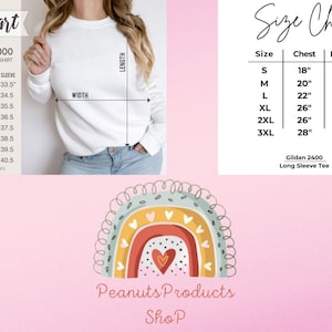 May include: A white Gildan 18000 heavy blend sweatshirt with a size chart. The chart shows measurements in inches for sizes S to 5XL. A second size chart shows chest and length measurements in inches for a Gildan 2400 long sleeve tee. A rainbow graphic with text is at the bottom.